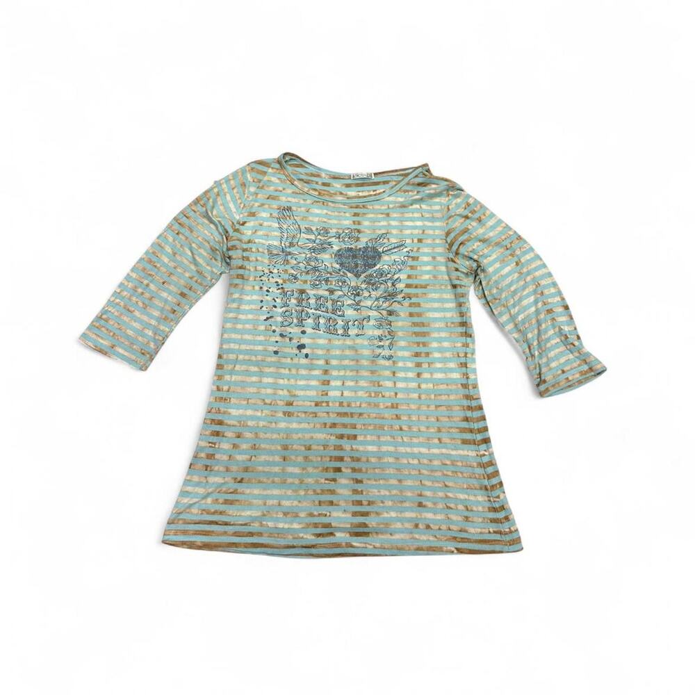 Atmosphere Y2K “Free Spirit” Striped Teal & Cream T-Shirt, XL